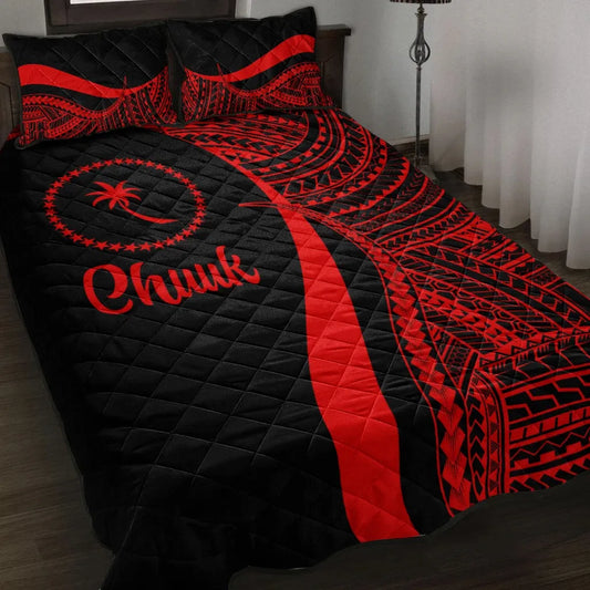 Chuuk Quilt Bed Set - Red Polynesian Tentacle Tribal Pattern