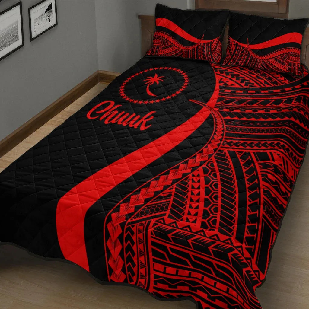 Chuuk Quilt Bed Set - Red Polynesian Tentacle Tribal Pattern