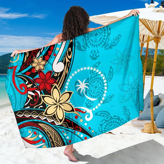 Chuuk Sarong - Tribal Flower With Special Turtles Blue Color