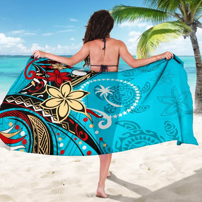 Chuuk Sarong - Tribal Flower With Special Turtles Blue Color