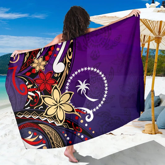 Chuuk Sarong - Tribal Flower With Special Turtles Purple Color