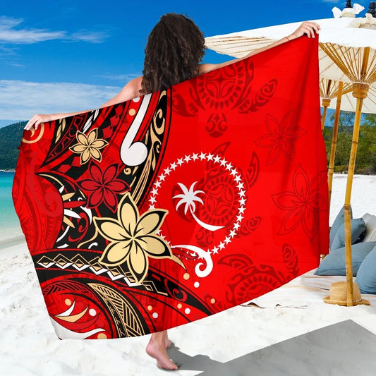 Chuuk Sarong - Tribal Flower With Special Turtles Red Color