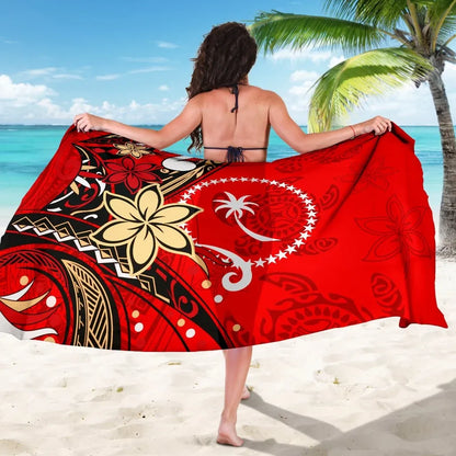 Chuuk Sarong - Tribal Flower With Special Turtles Red Color
