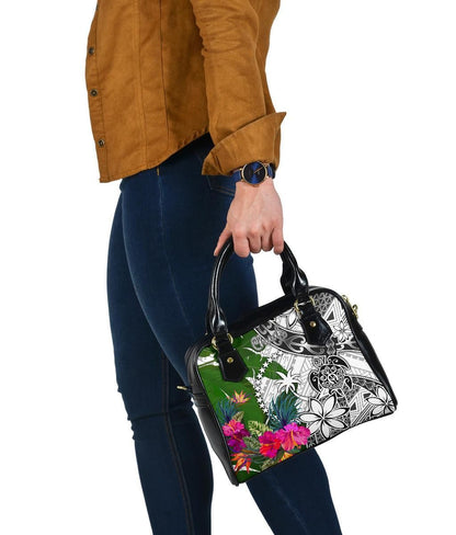 Chuuk Shoulder Handbag White - Turtle Plumeria Banana Leaf
