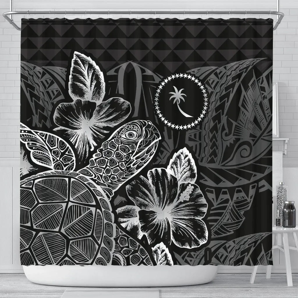 Chuuk Shower Curtain Turtle Hibiscus Black