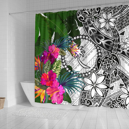 Chuuk Shower Curtain White - Turtle Plumeria Banana Leaf