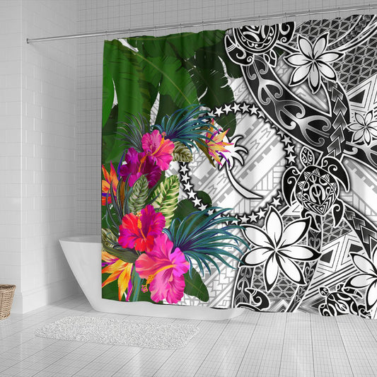 Chuuk Shower Curtain White - Turtle Plumeria Banana Leaf