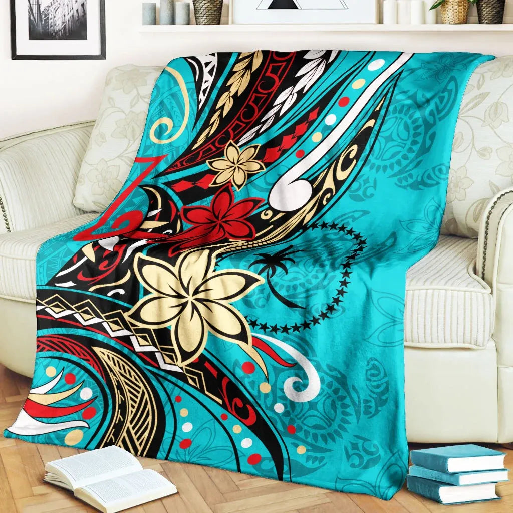Chuuk State Premium Blanket - Tribal Flower With Special Turtles Blue Color