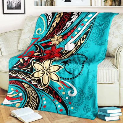 Chuuk State Premium Blanket - Tribal Flower With Special Turtles Blue Color