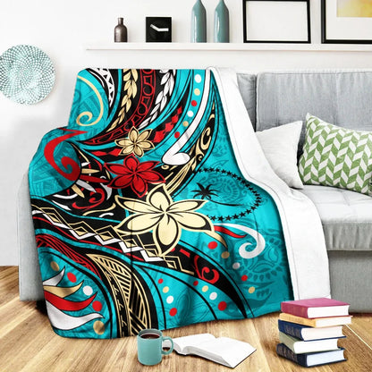 Chuuk State Premium Blanket - Tribal Flower With Special Turtles Blue Color