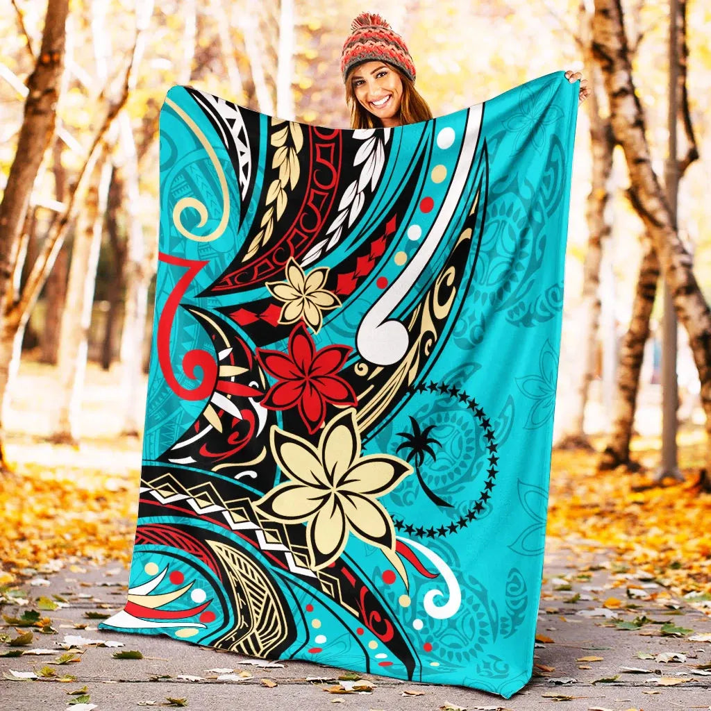 Chuuk State Premium Blanket - Tribal Flower With Special Turtles Blue Color