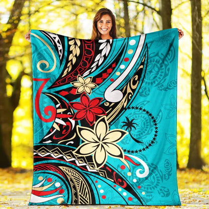 Chuuk State Premium Blanket - Tribal Flower With Special Turtles Blue Color
