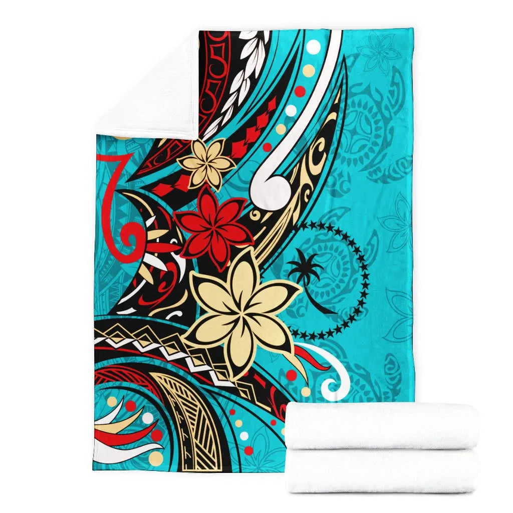 Chuuk State Premium Blanket - Tribal Flower With Special Turtles Blue Color