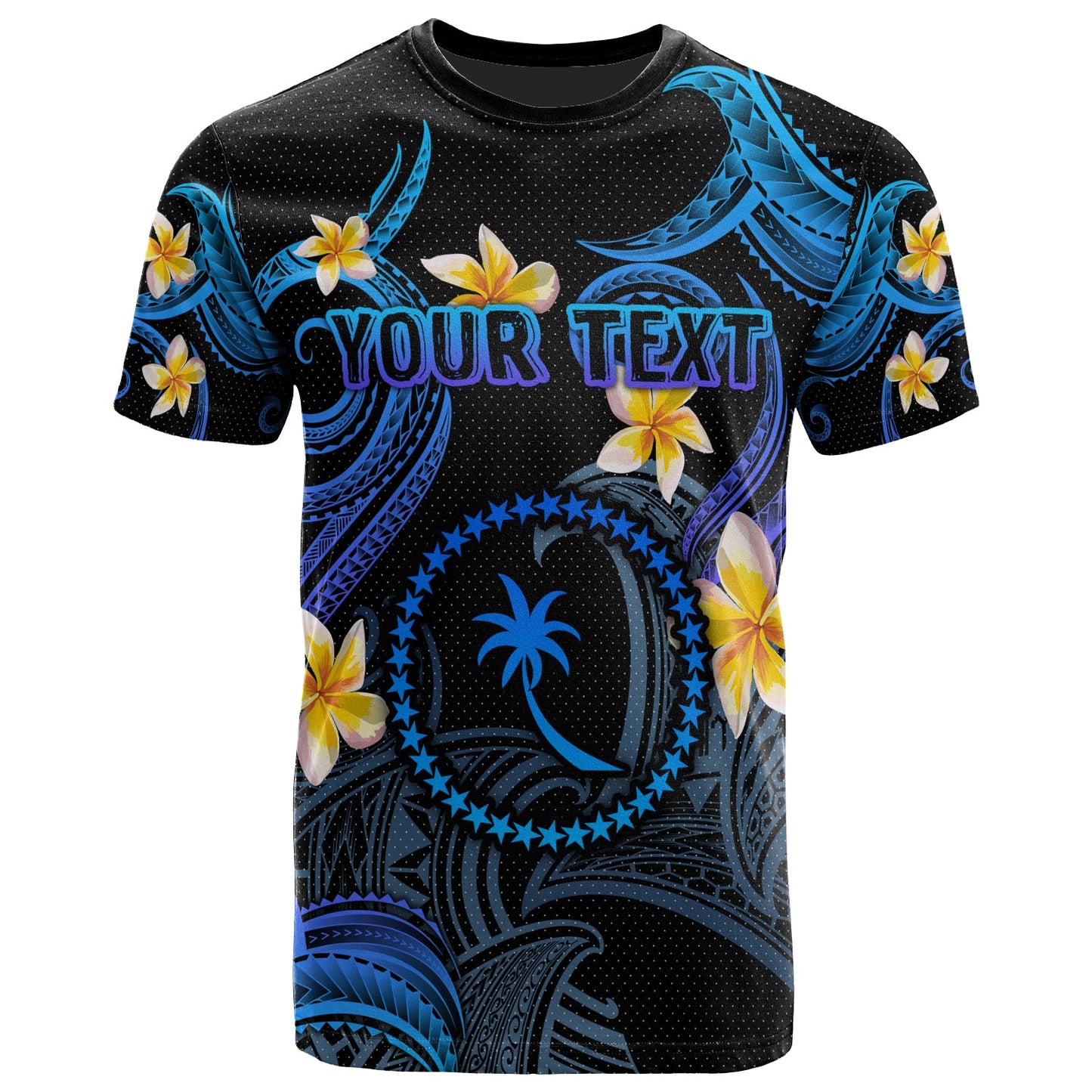 Chuuk T-shirt - Custom Personalised Polynesian Waves with Plumeria Flowers (Blue)