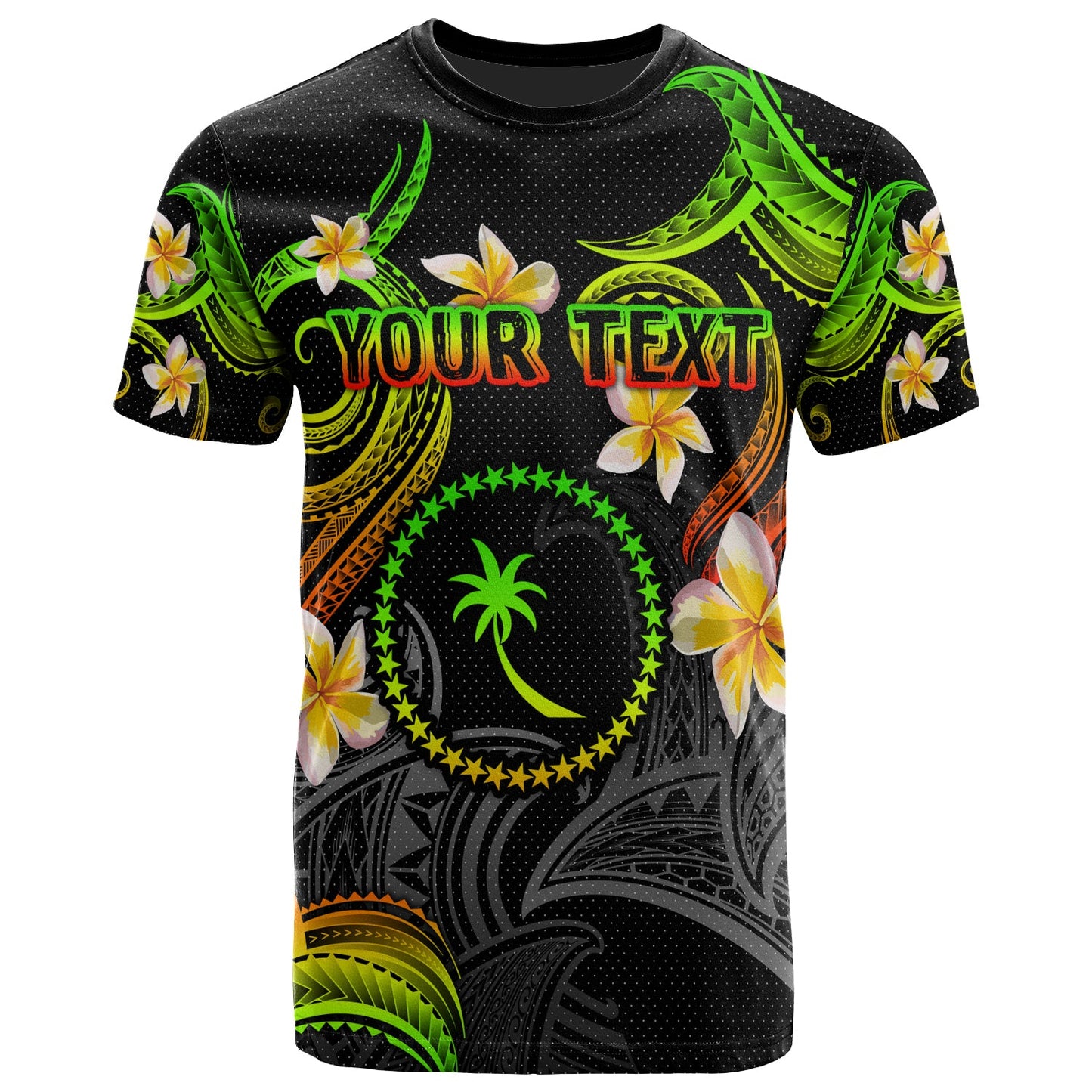 Chuuk T-shirt - Custom Personalised Polynesian Waves with Plumeria Flowers (Reggae)