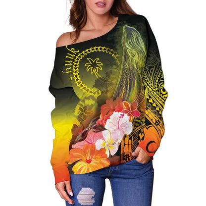 Chuuk Women Off Shoulder Sweater - Humpback Whale with Tropical Flowers (Yellow)