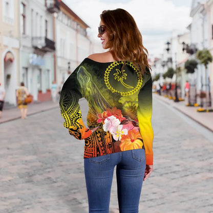 Chuuk Women Off Shoulder Sweater - Humpback Whale with Tropical Flowers (Yellow)