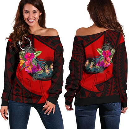Chuuk Women Off Shoulder Sweater - Polynesian Hook And Hibiscus (Red)