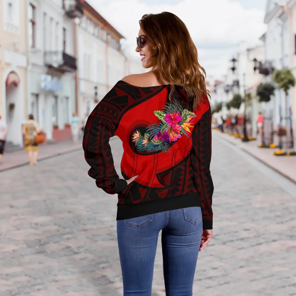 Chuuk Women Off Shoulder Sweater - Polynesian Hook And Hibiscus (Red)