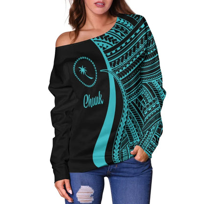 Chuuk Women Off Shoulder Sweater - Turquoise Polynesian Tentacle Tribal Pattern