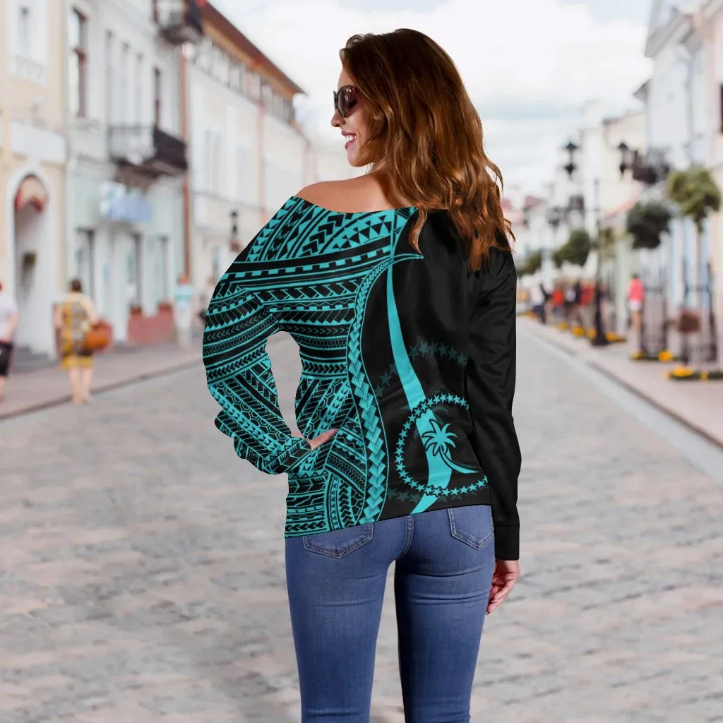 Chuuk Women Off Shoulder Sweater - Turquoise Polynesian Tentacle Tribal Pattern
