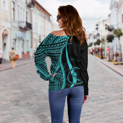Chuuk Women Off Shoulder Sweater - Turquoise Polynesian Tentacle Tribal Pattern