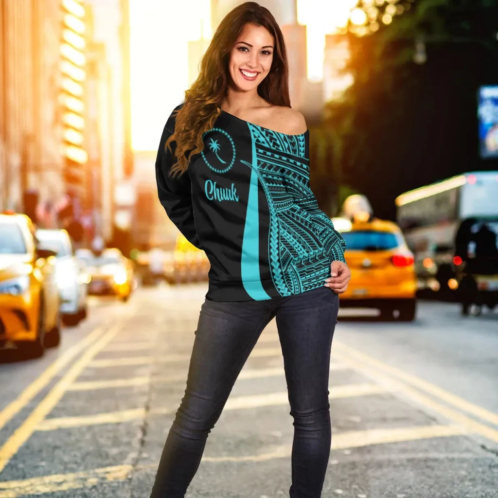 Chuuk Women Off Shoulder Sweater - Turquoise Polynesian Tentacle Tribal Pattern