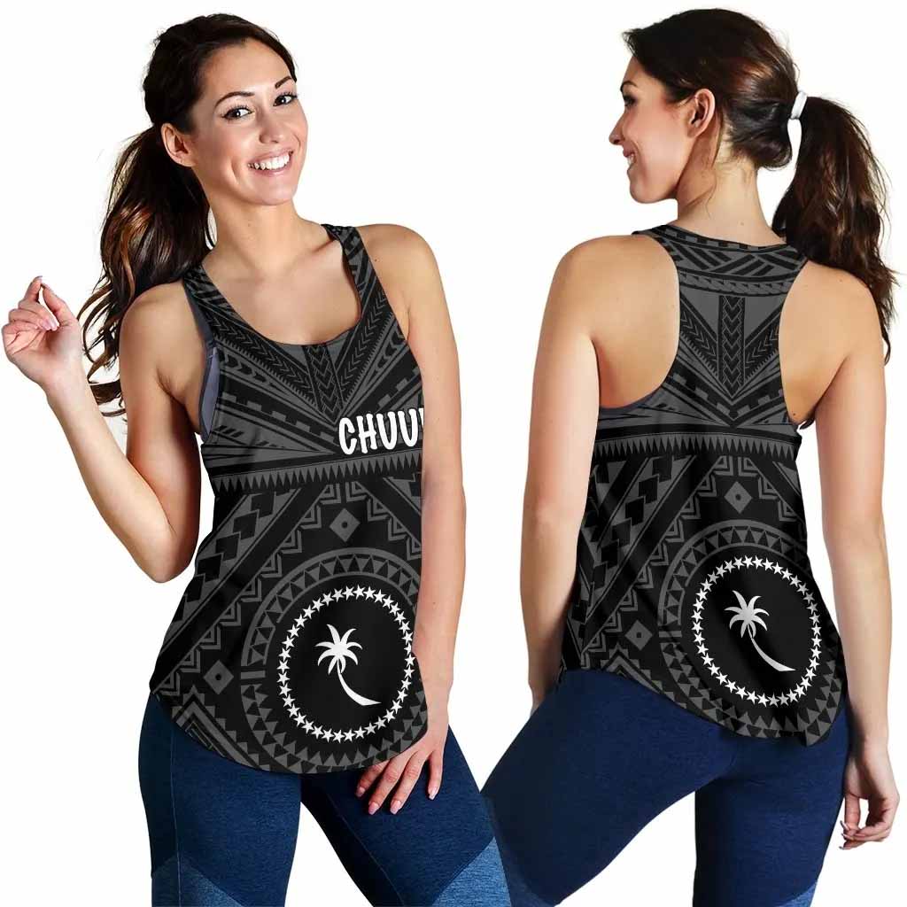 Chuuk Women Racerback Tank - Chuuk Seal With Polynesian Tattoo Style (Black)