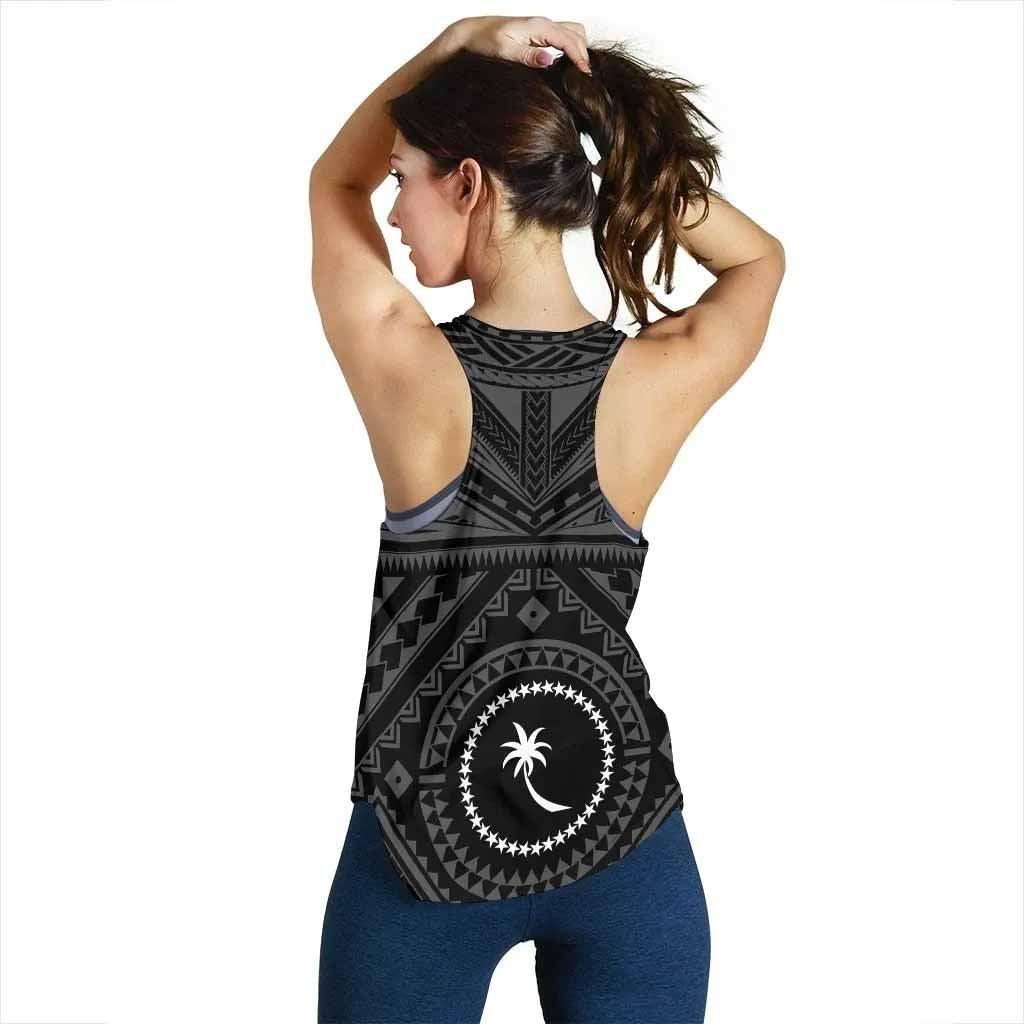 Chuuk Women Racerback Tank - Chuuk Seal With Polynesian Tattoo Style (Black)