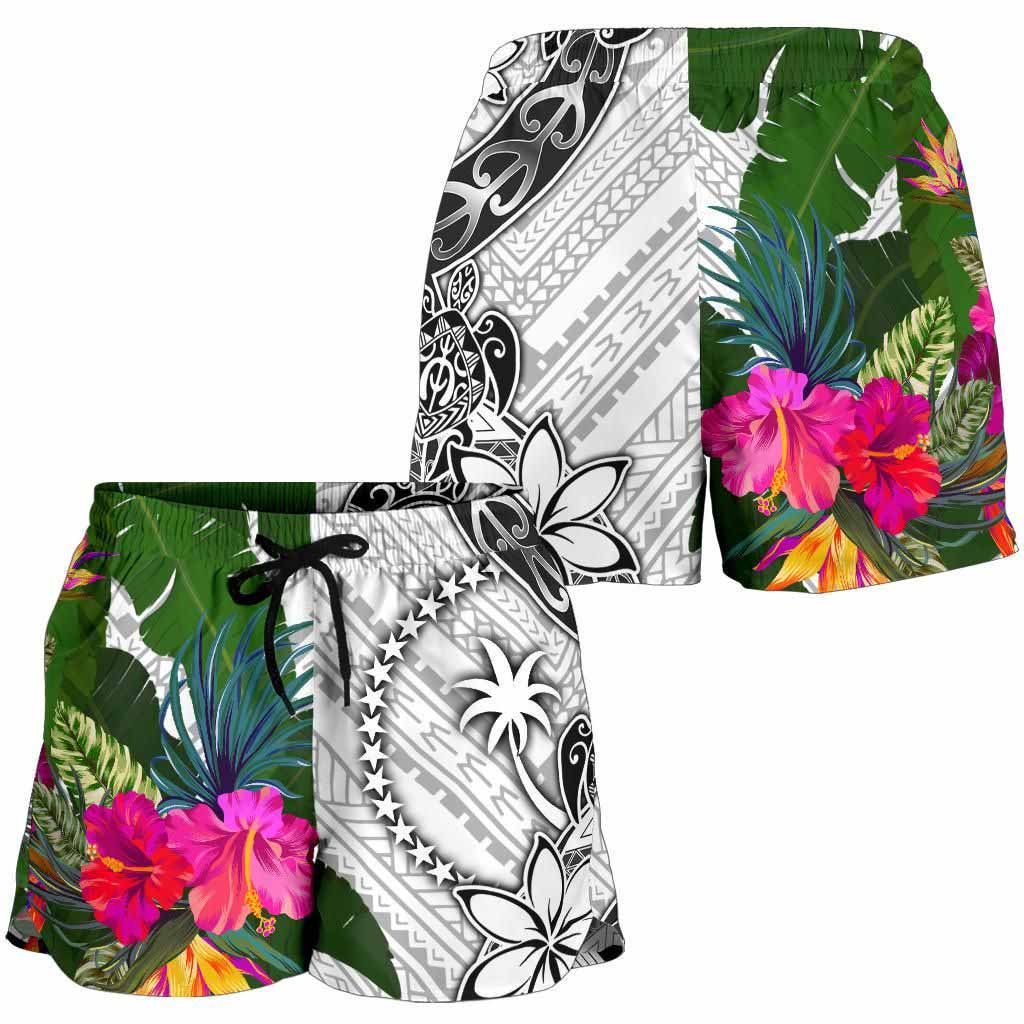 Chuuk Women Shorts White - Turtle Plumeria Banana Leaf