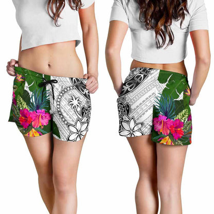 Chuuk Women Shorts White - Turtle Plumeria Banana Leaf