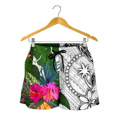 Chuuk Women Shorts White - Turtle Plumeria Banana Leaf