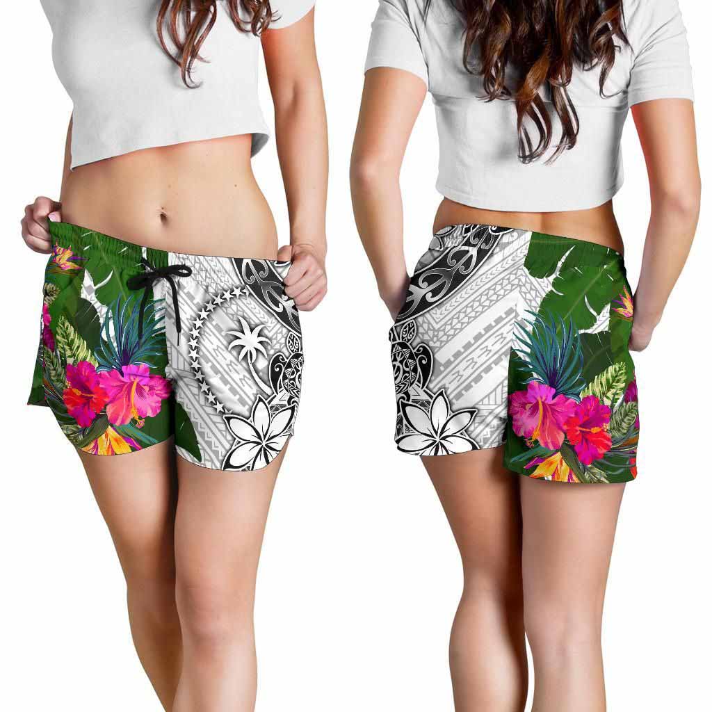 Chuuk Women Shorts White - Turtle Plumeria Banana Leaf