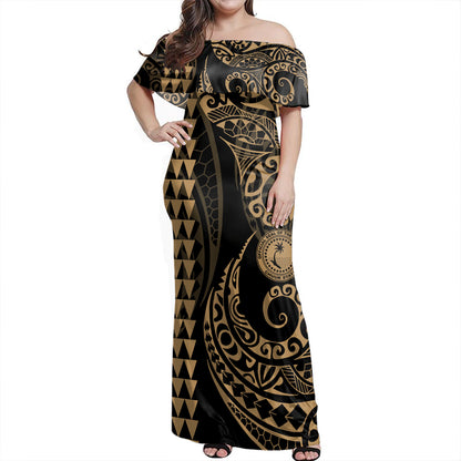 Chuuk State Woman Off Shoulder Long Dress Coat Of Arms Kakau Style Gold