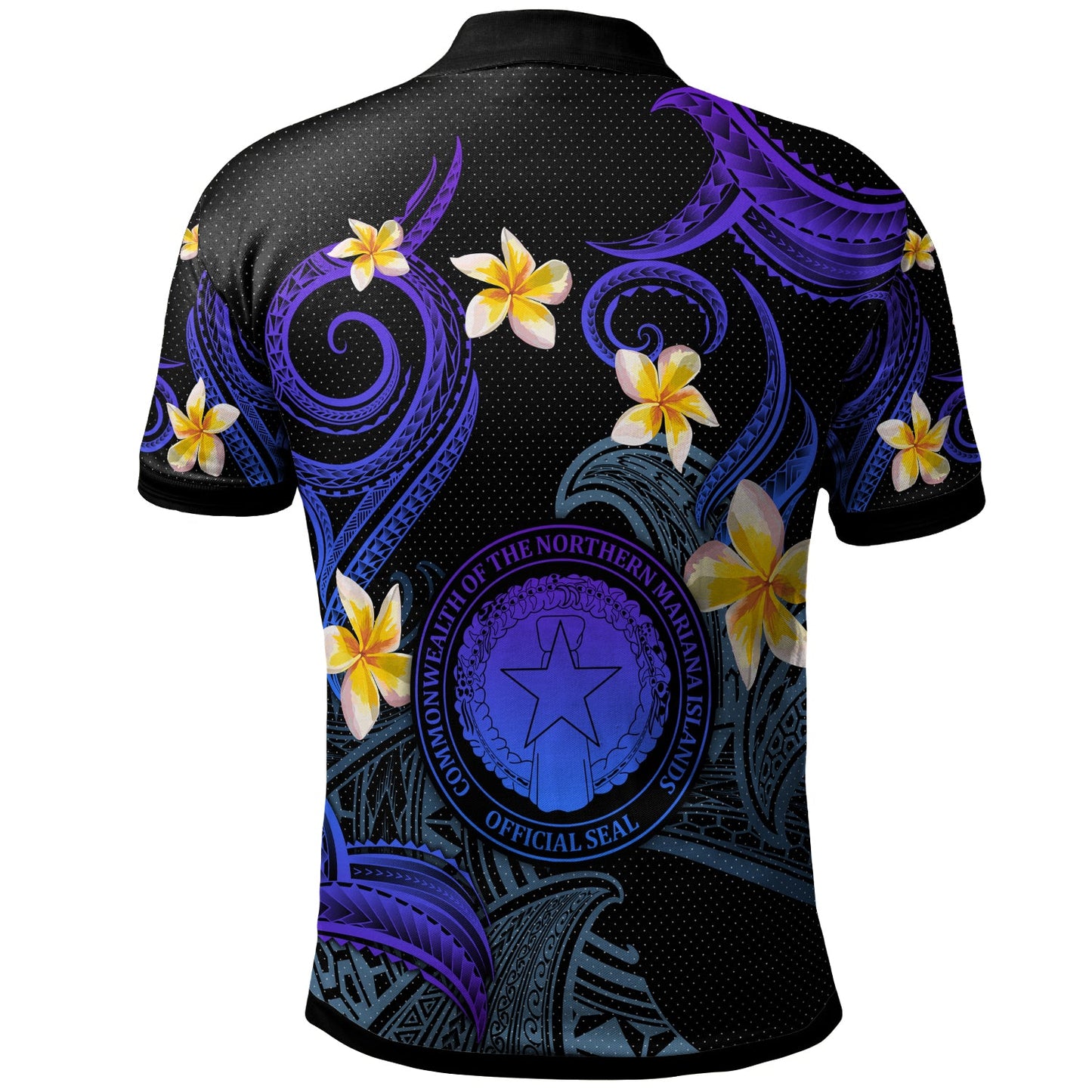CMNI Polo Shirt - Custom Personalised Polynesian Waves with Plumeria Flowers (Blue)