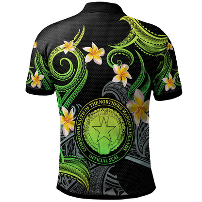 CMNI Polo Shirt - Custom Personalised Polynesian Waves with Plumeria Flowers (Green)