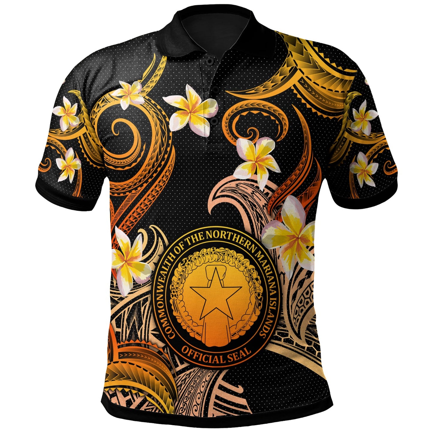 CMNI Polo Shirt - Custom Personalised Polynesian Waves with Plumeria Flowers (Orange)