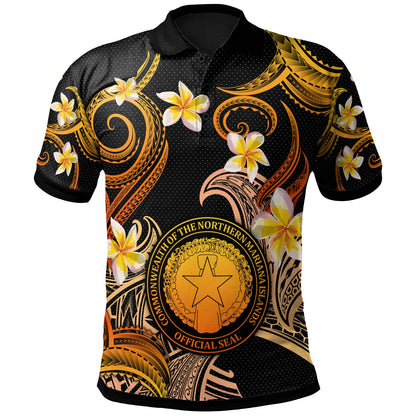 CMNI Polo Shirt - Custom Personalised Polynesian Waves with Plumeria Flowers (Orange)