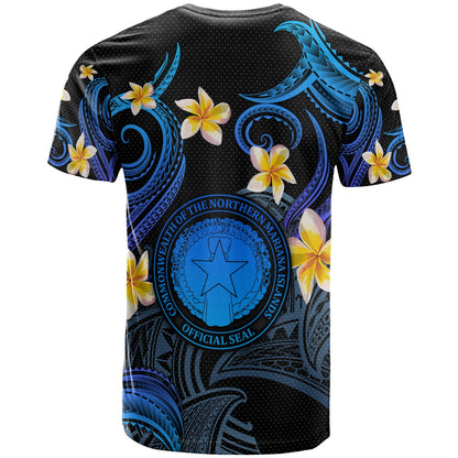CMNI T-shirt - Custom Personalised Polynesian Waves with Plumeria Flowers (Blue)