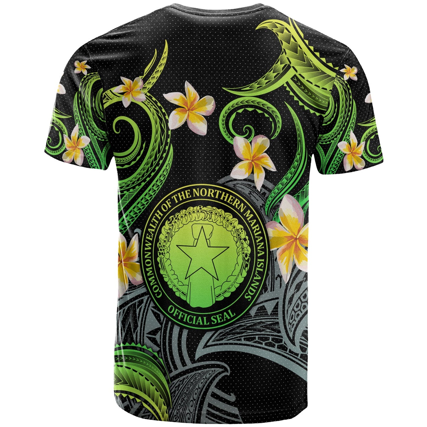 CMNI T-shirt - Custom Personalised Polynesian Waves with Plumeria Flowers (Green)