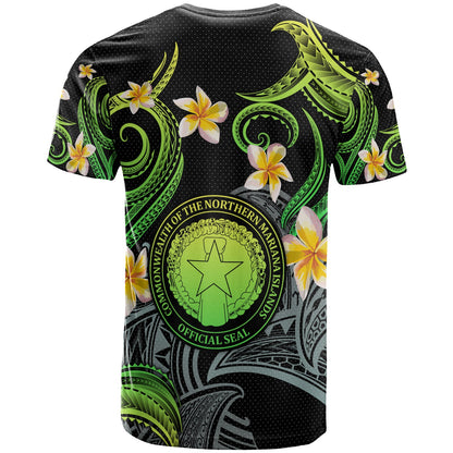 CMNI T-shirt - Custom Personalised Polynesian Waves with Plumeria Flowers (Green)