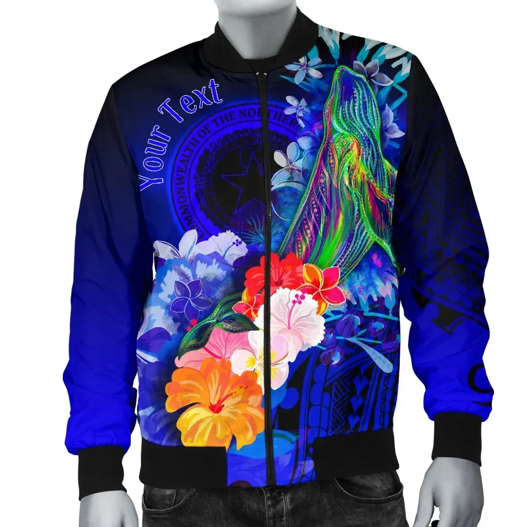 CNMI Custom Personalised Bomber Jacket - Humpback Whale with Tropical Flowers (Blue)