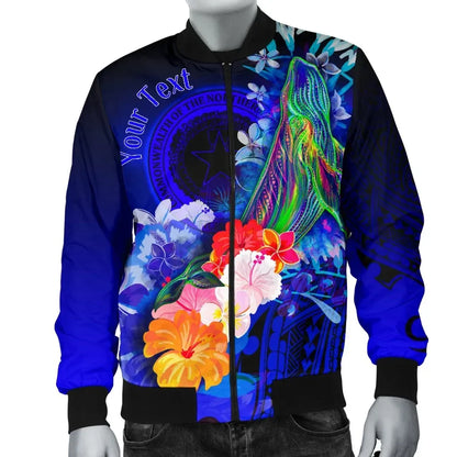 CNMI Custom Personalised Bomber Jacket - Humpback Whale with Tropical Flowers (Blue)