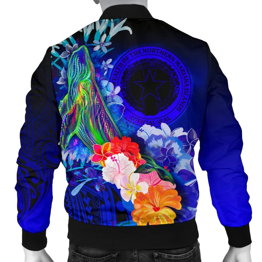 CNMI Custom Personalised Bomber Jacket - Humpback Whale with Tropical Flowers (Blue)