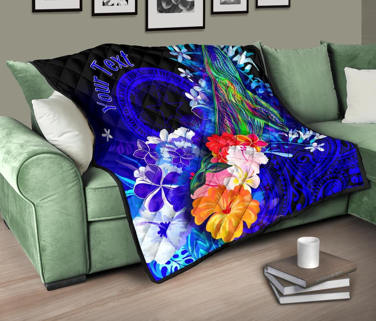 CNMI Custom Personalised Premium Quilt - Humpback Whale with Tropical Flowers (Blue)