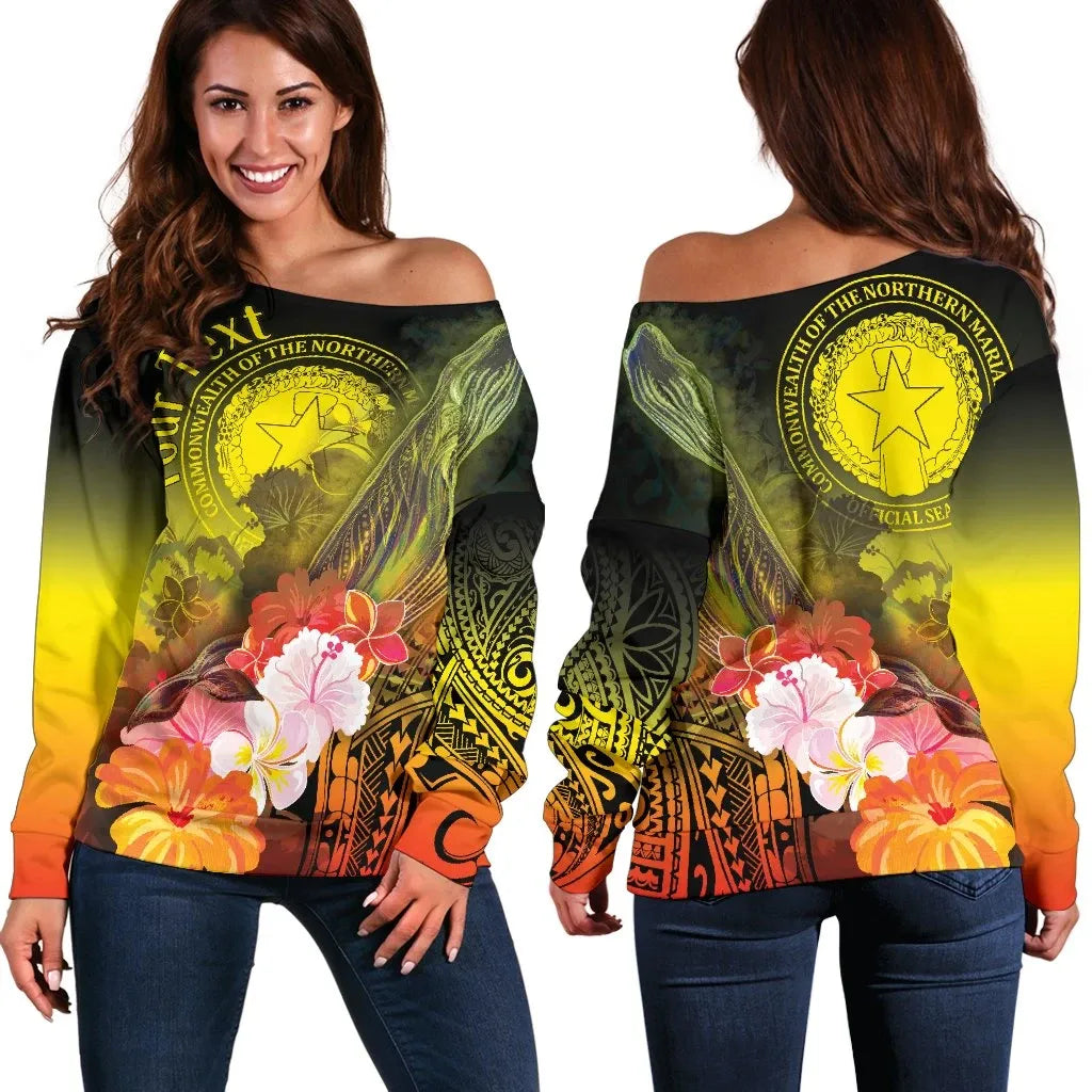 CNMI Custom Personalised Women Off Shoulder Sweater - Humpback Whale with Tropical Flowers (Yellow)