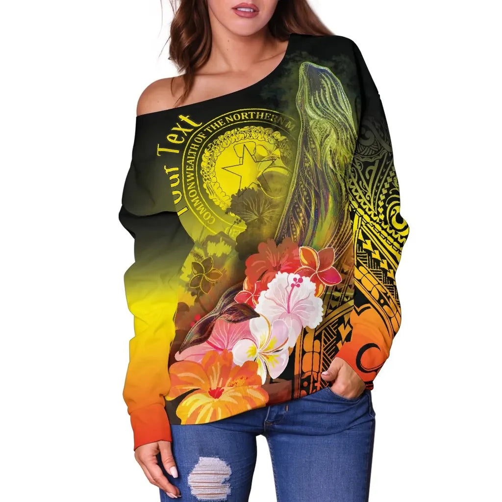 CNMI Custom Personalised Women Off Shoulder Sweater - Humpback Whale with Tropical Flowers (Yellow)