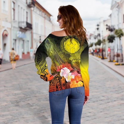CNMI Custom Personalised Women Off Shoulder Sweater - Humpback Whale with Tropical Flowers (Yellow)