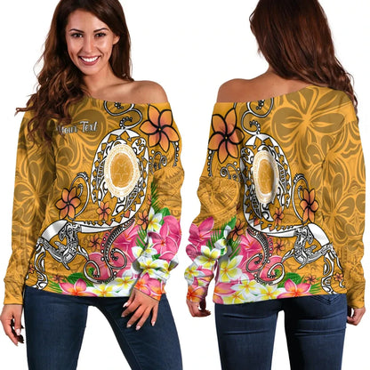 CNMI Custom Personalised Women Off Shoulder Sweater - Turtle Plumeria (Gold)