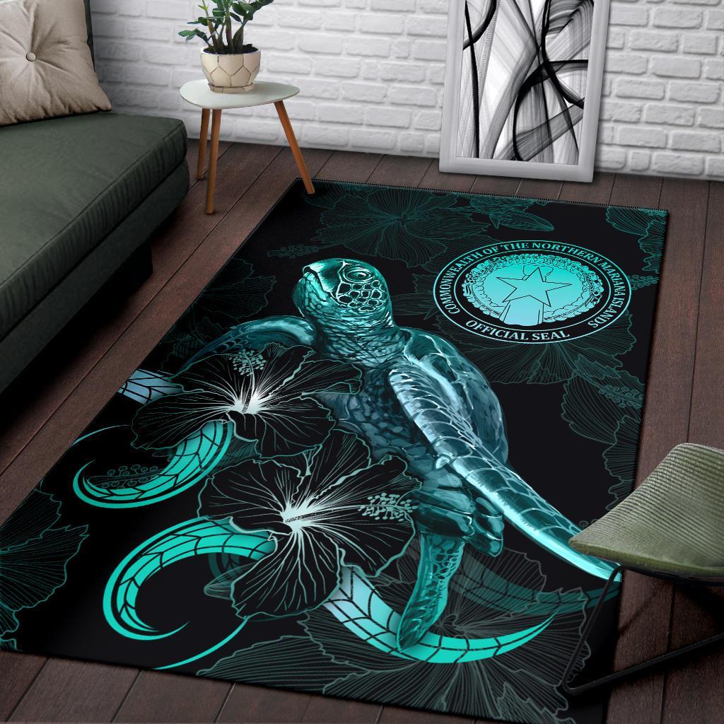 CNMI Polynesian Area Rugs - Turtle With Blooming Hibiscus Turquoise